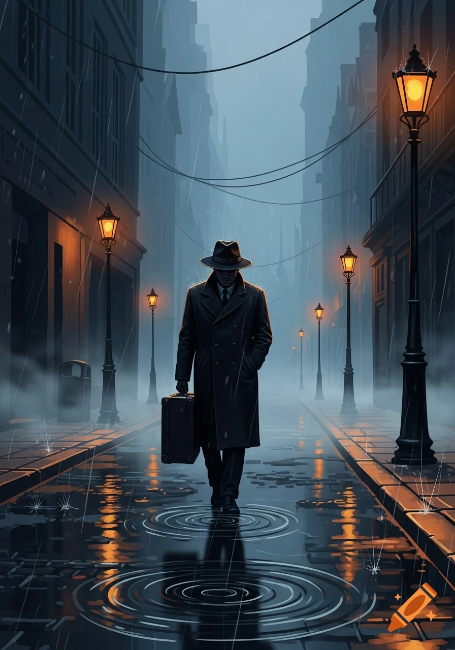 A man in a fedora and trench coat walks down a dark, rainy city street at night, carrying a suitcase, lit by street lamps.