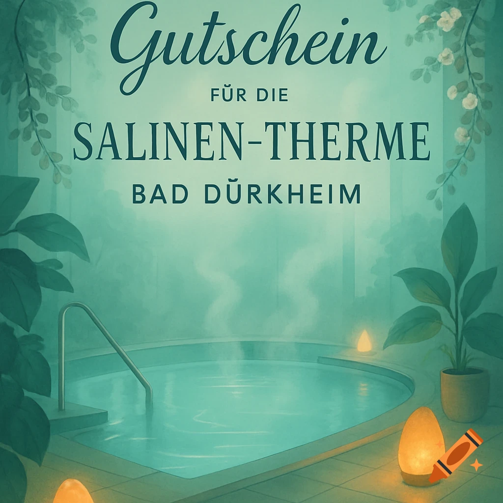 Illustrative voucher for 'Salinen-Therme Bad Dürkheim' showing a serene spa with a steamy pool, plants, and glowing lights.