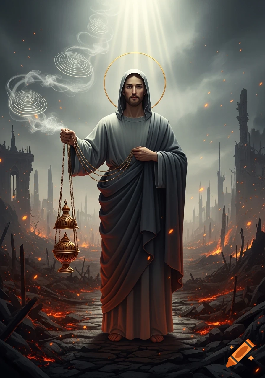 A robed, haloed figure resembling Jesus holds a censer, standing amidst a burning, ruined landscape under a beam of divine light.