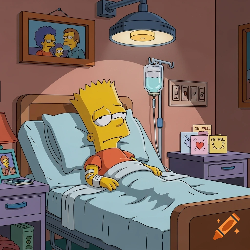 Bart Simpson lies in a hospital bed with an IV drip, looking unwell, surrounded by get well cards and a family photo, in a cartoon style.