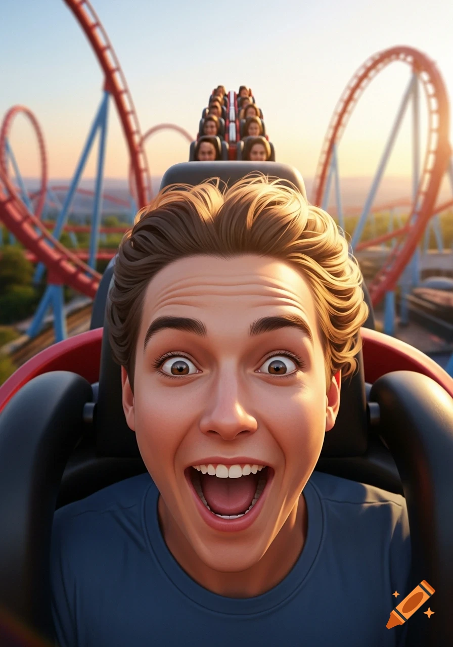 A young person with wide eyes and an open mouth screams in excitement on a roller coaster.