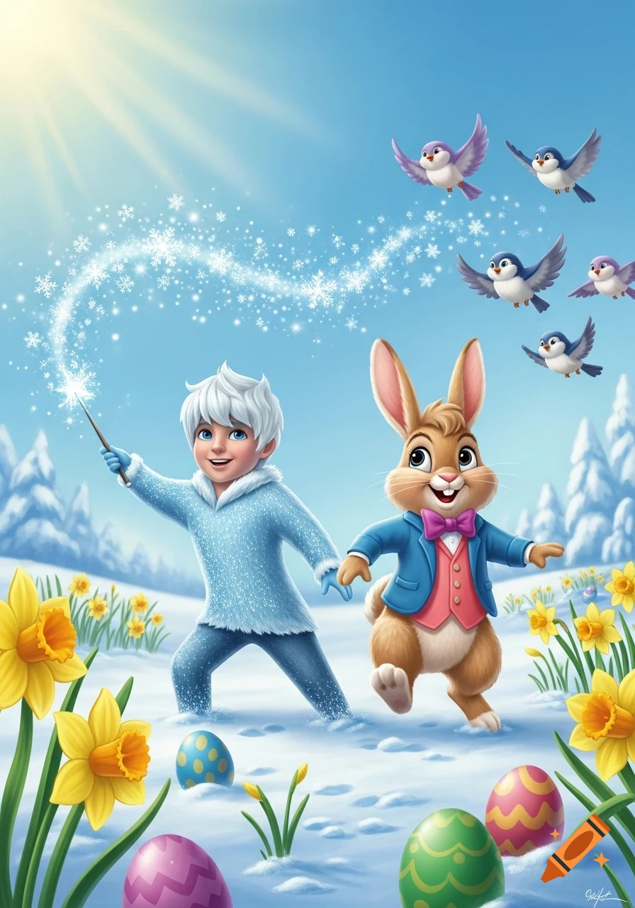 A cartoon boy in a blue snowy outfit conjures snowflakes next to a rabbit in a pink vest and blue jacket, amidst a snowy field with daffodils, Easter eggs, and flying birds under a sunny sky.