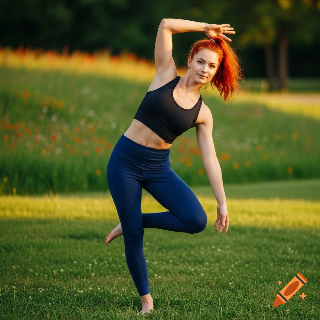A redhead woman in a black sports bra and blue leggings poses barefoot in a sunny grassy field.