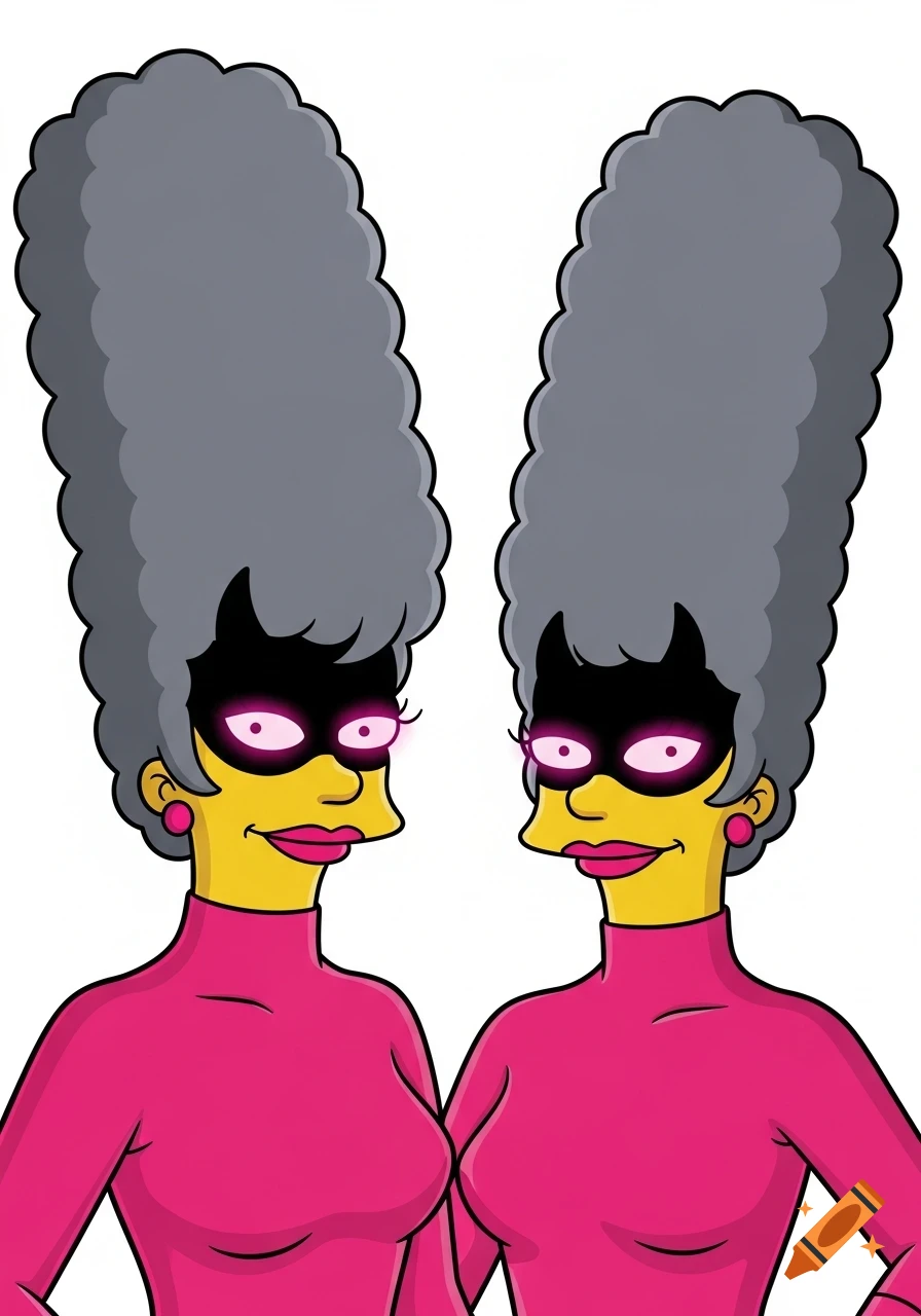 Two Marge Simpson-like women with yellow skin and tall gray hair, wearing pink turtlenecks and black masks with glowing pink eyes, smiling mischievously in cartoon style.