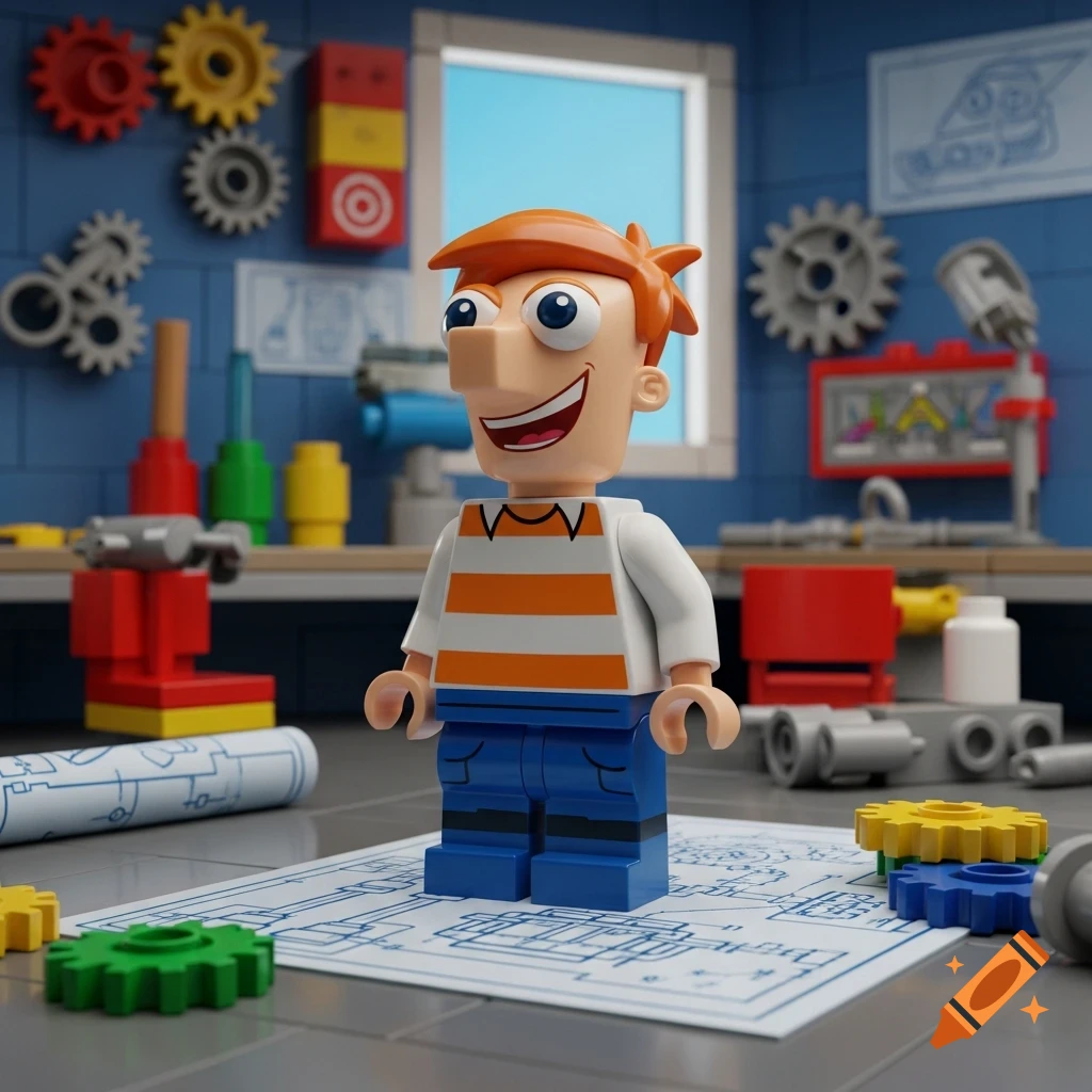 A Lego minifigure of Phineas from Phineas and Ferb stands on blueprints in a workshop filled with Lego parts.