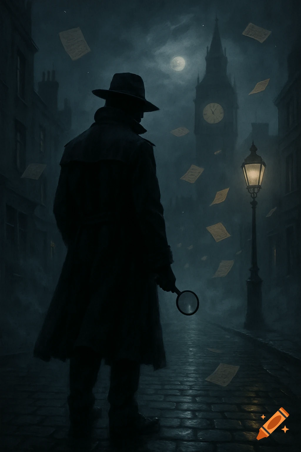 A silhouetted detective figure with a trench coat and hat holds a magnifying glass on a foggy, cobblestone street at night. A large clock tower and floating papers are in the background.