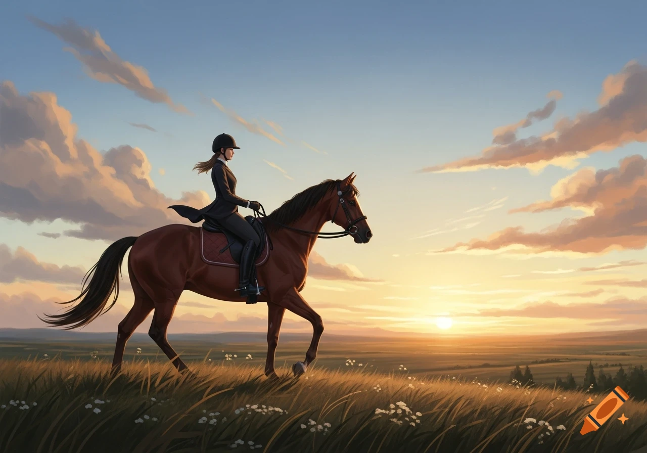A woman in equestrian gear rides a brown horse through a grassy field at sunset, digital art.