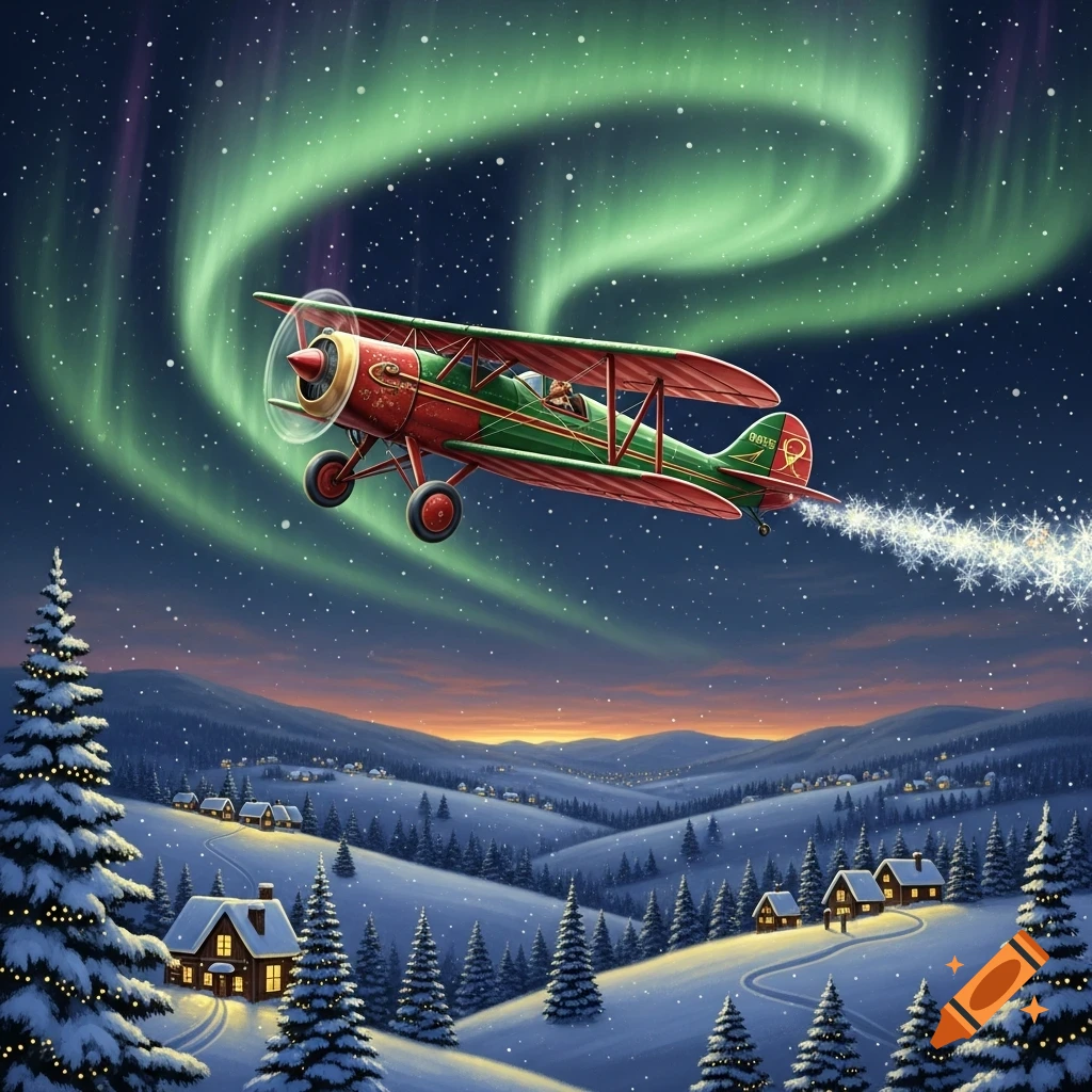 A festive red and green biplane flies over a snowy village under the Northern Lights, leaving a trail of sparkling snowflakes.