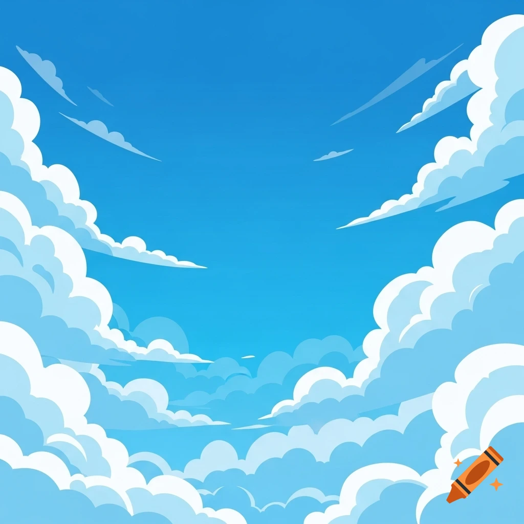 Bright blue sky with soft, fluffy white cartoon clouds filling the frame.