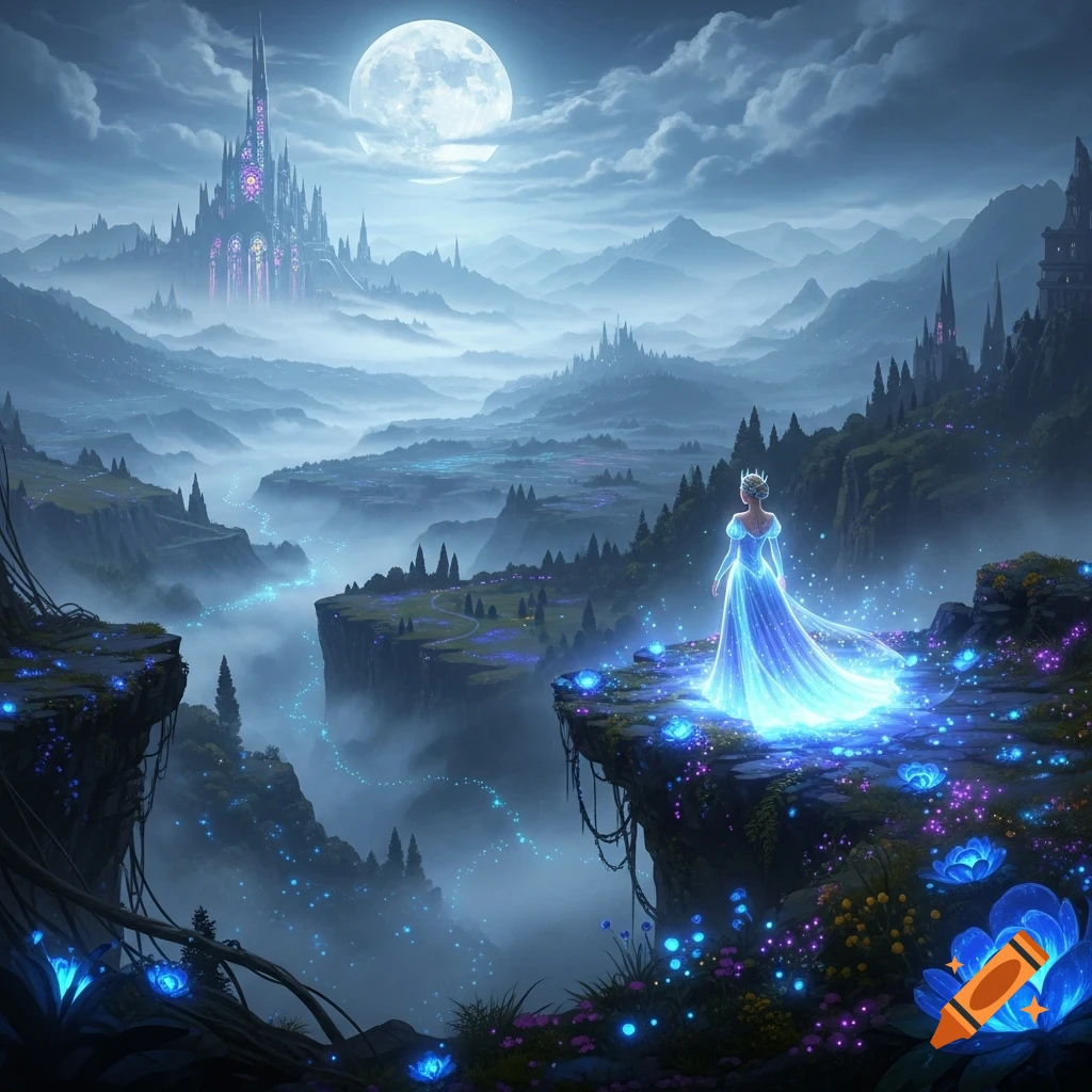 A glowing princess on a cliff overlooks an enchanted foggy valley with bioluminescent plants, a distant castle, and a full moon.