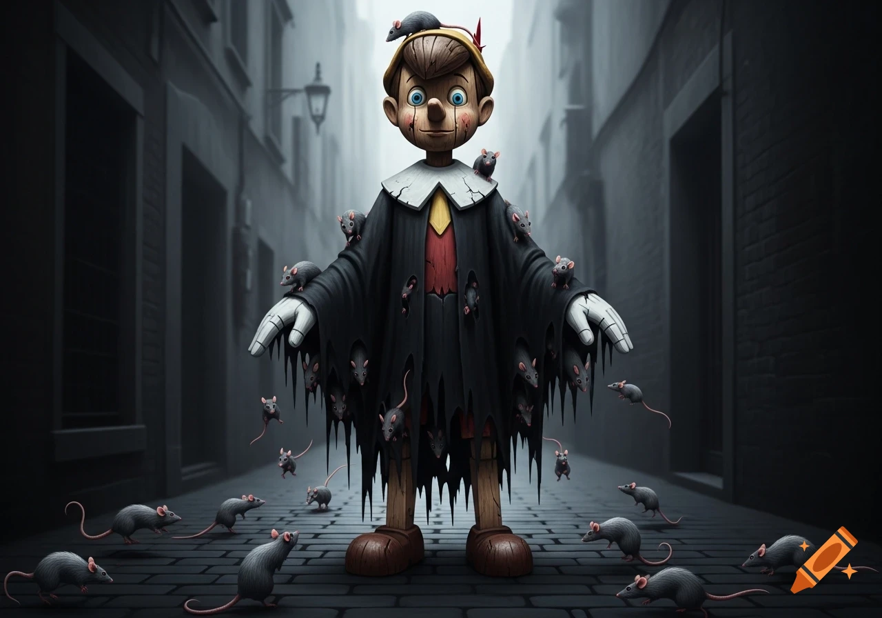 A Pinocchio-like puppet in tattered black robes, covered in rats, stands in a dark, foggy alley.