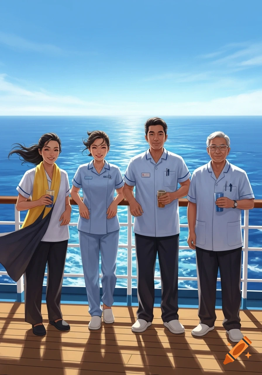 Four smiling people in light blue and white uniforms stand on the wooden deck of a cruise ship overlooking a vast blue ocean under a clear sky.