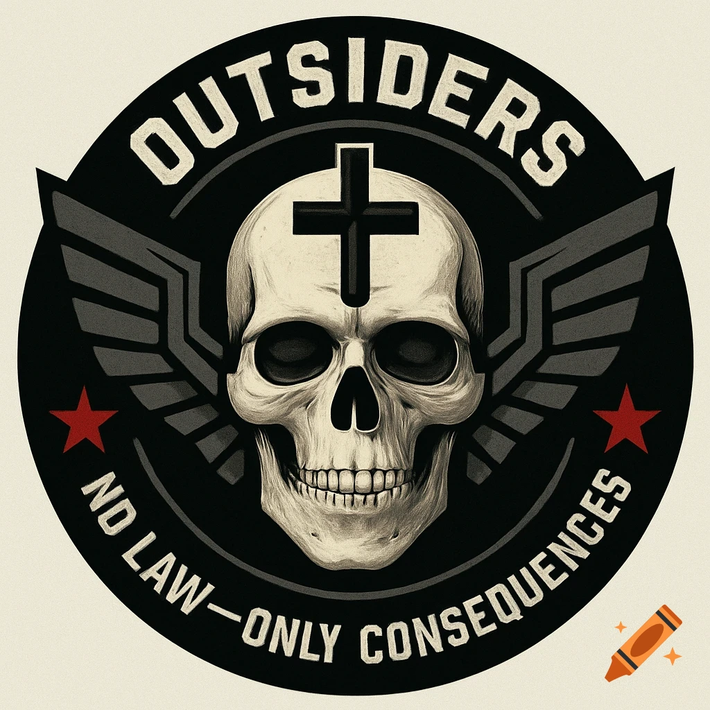 A black circular emblem features a white skull with a black cross, flanked by gray geometric wings and red stars. Text reads "OUTSIDERS NO LAW — ONLY CONSEQUENCES".