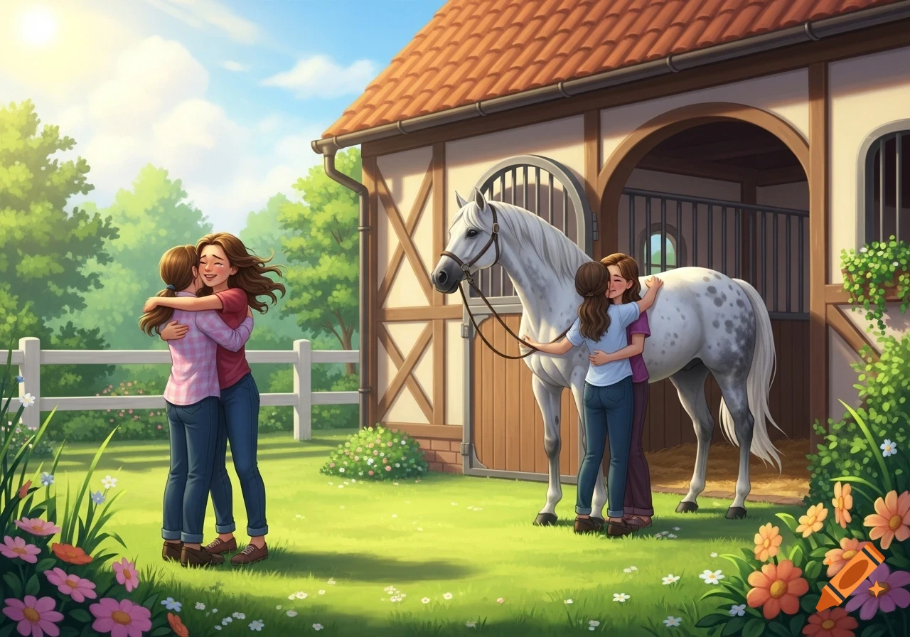 Two girls hugging in a sunny garden with a white horse and stable, in a cheerful illustration style.