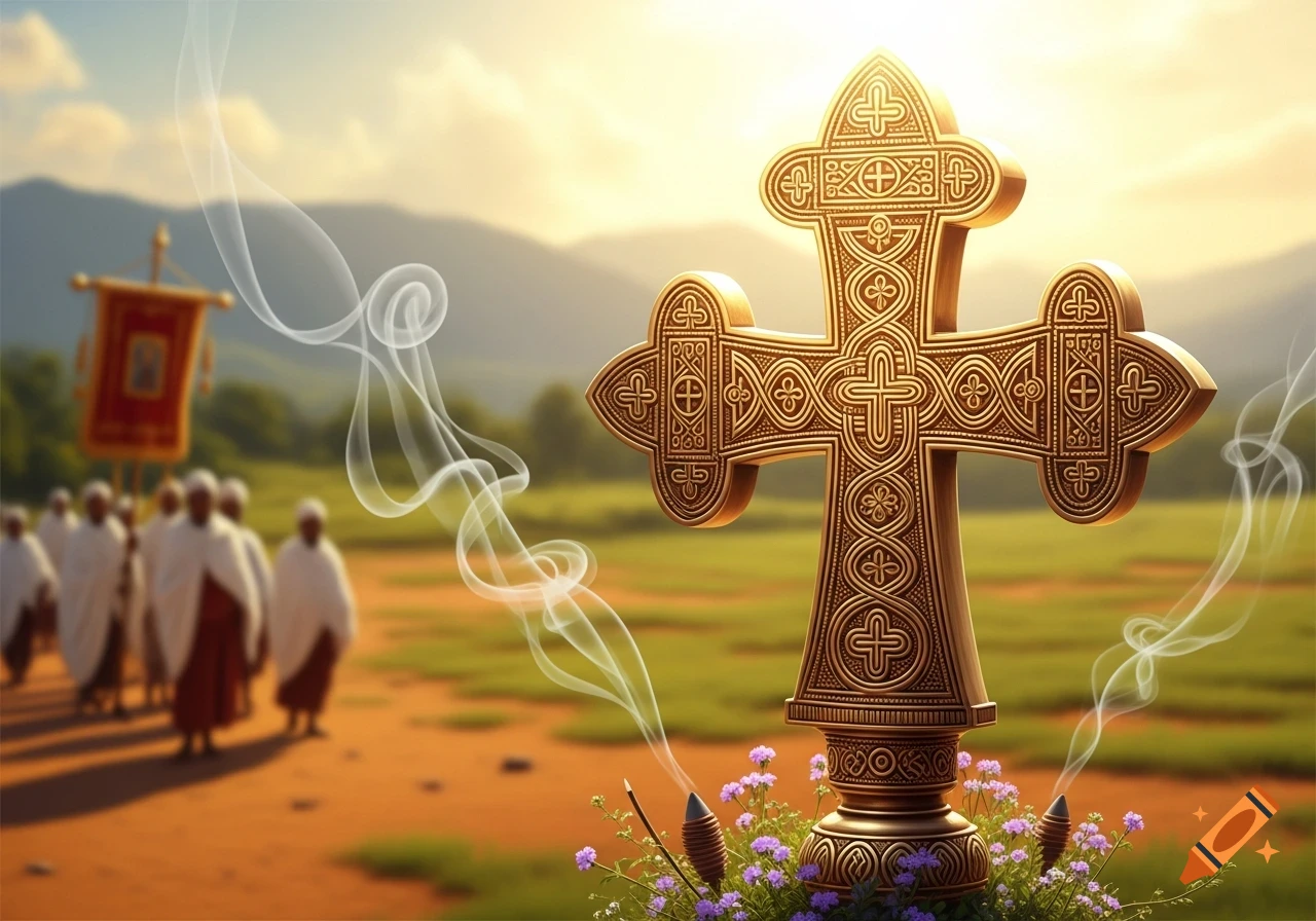 An ornate golden Ethiopian Orthodox cross stands in a field with purple flowers and incense smoke, a blurred religious procession in the background.