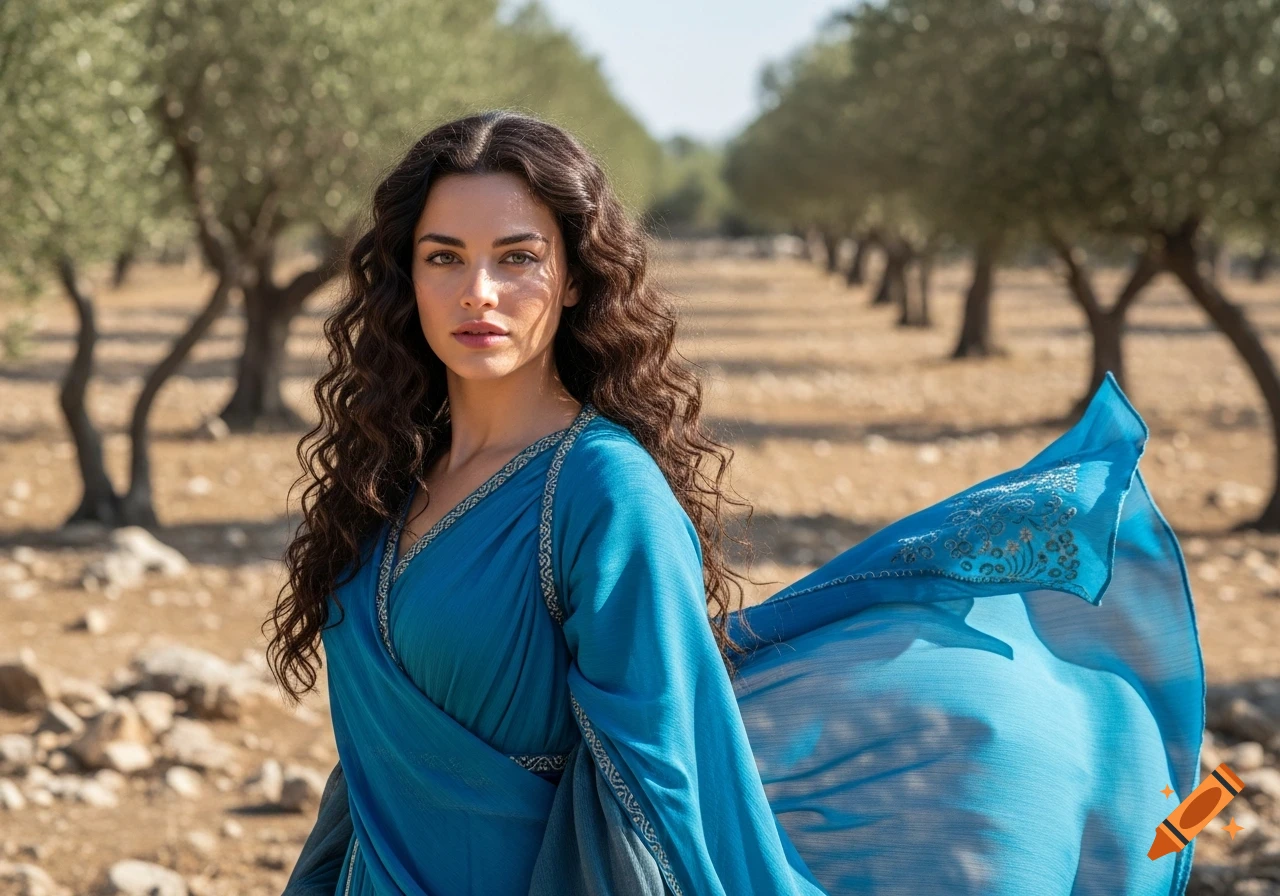 A beautiful woman with long dark curly hair and green eyes, wearing a blue Ancient Greek dress, stands in an olive grove.