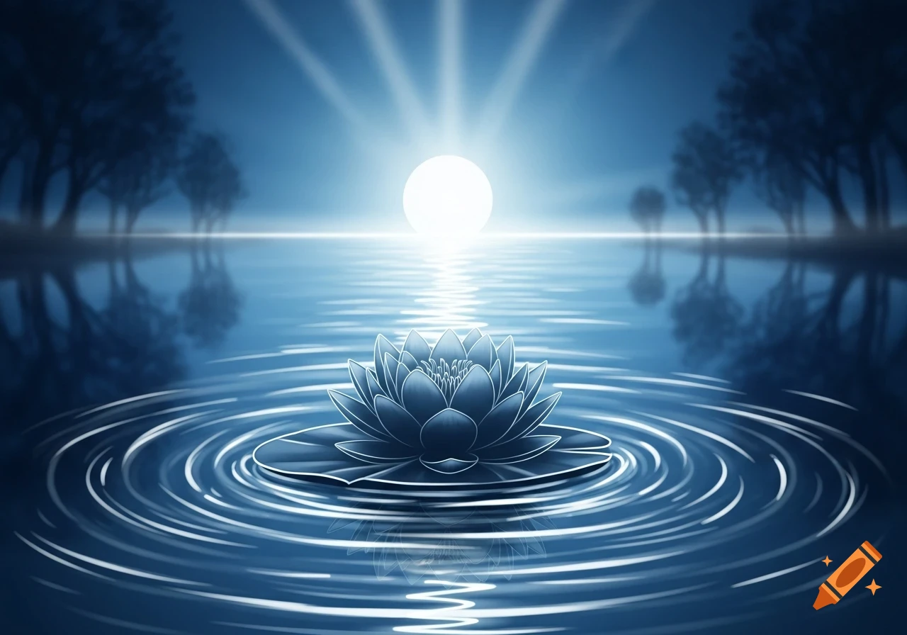 Stylized blue lotus flower on rippling water under a bright moon with silhouetted trees along the horizon.
