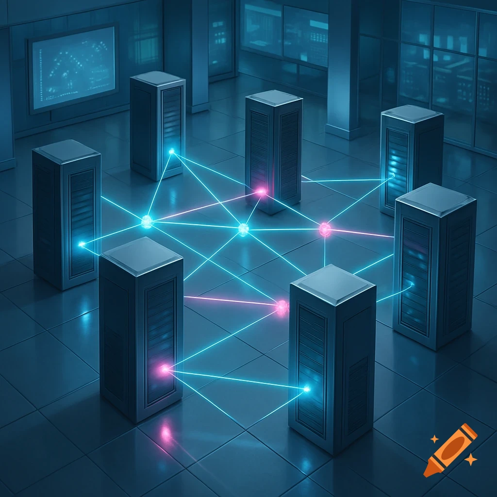 Photorealistic image of several server racks in a cool blue data center, interconnected by glowing blue and pink network lines.