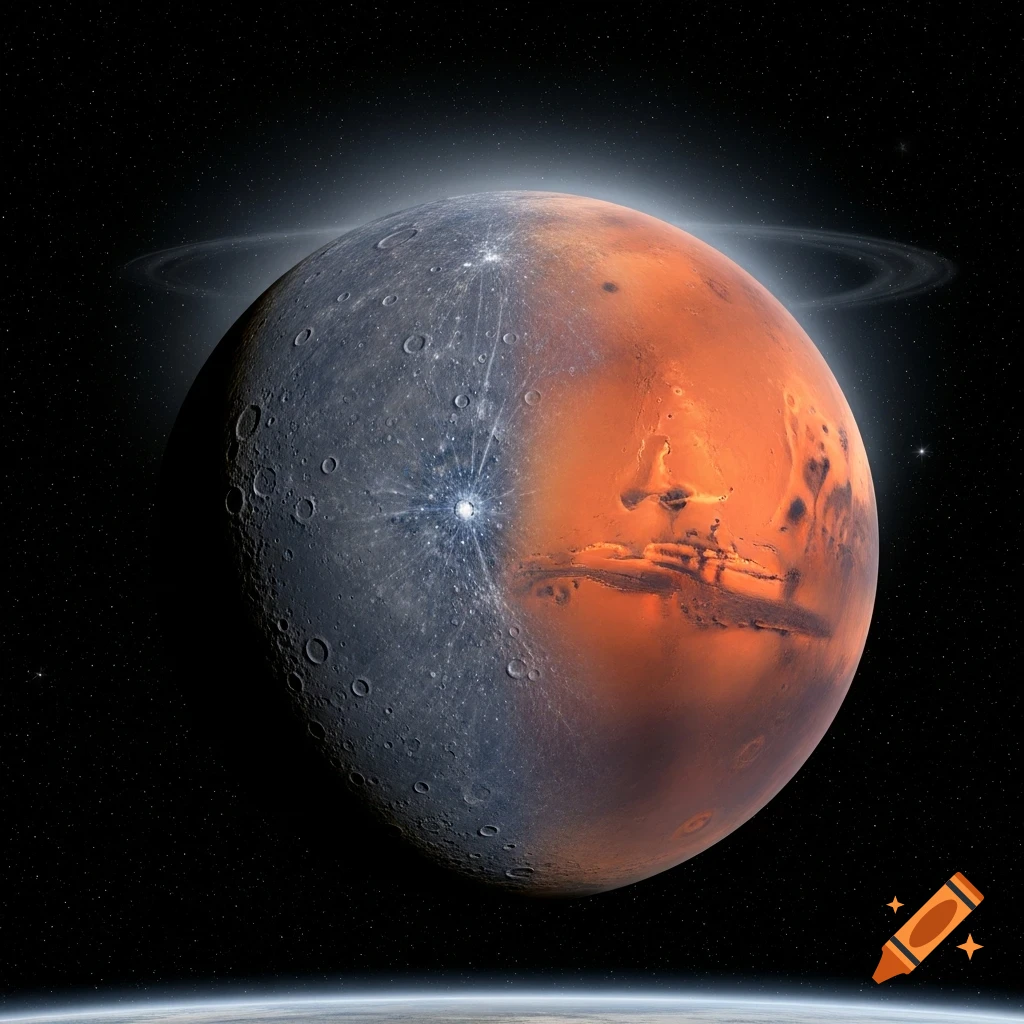 A photorealistic composite planet, half gray and cratered like Mercury, half red like Mars, with faint rings, against a starry space background.