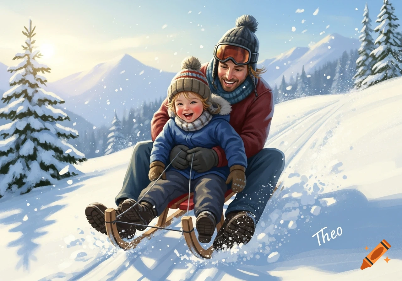 Animated illustration of a happy father and child sledding down a snowy mountain slope.