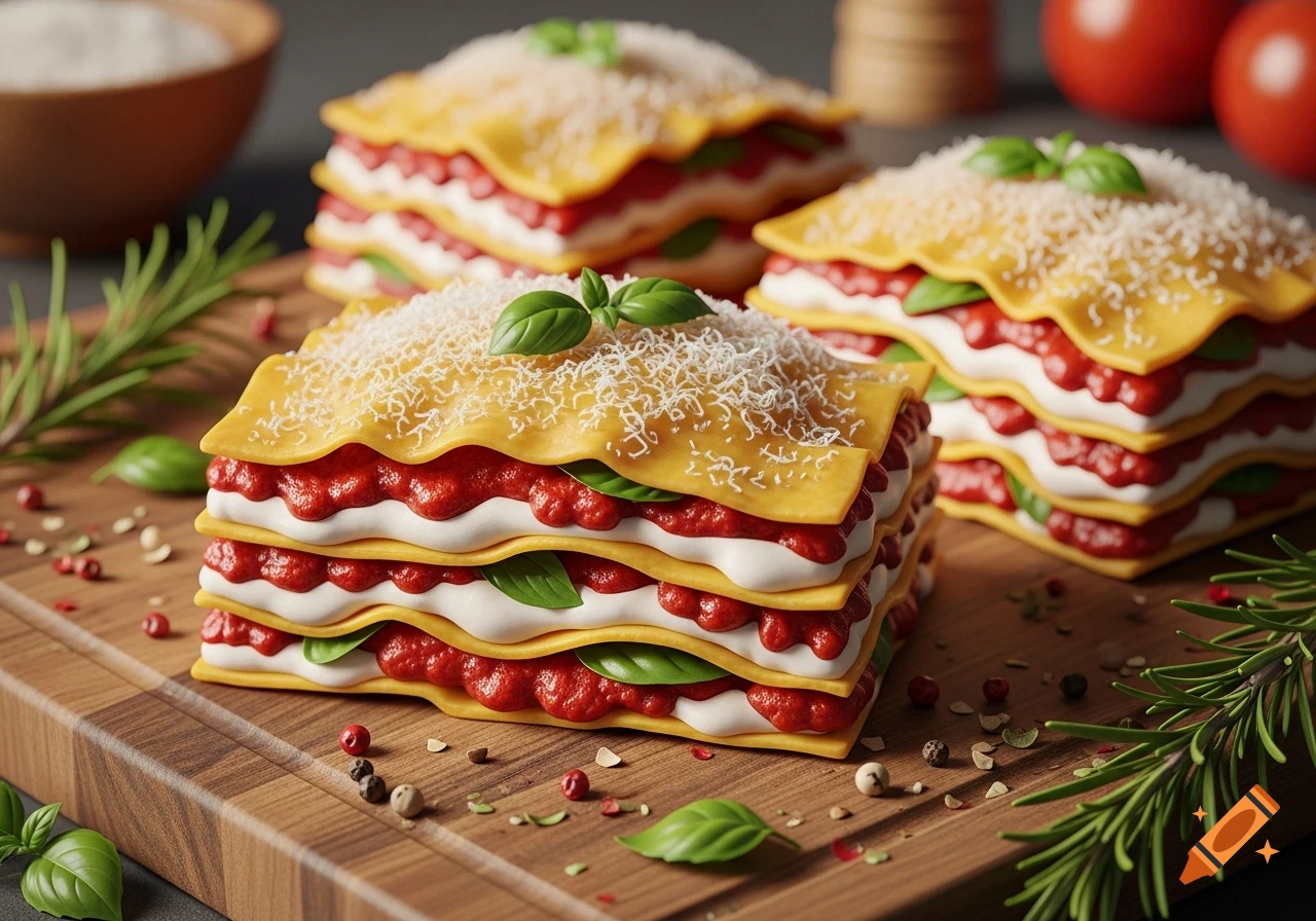 Three perfectly layered portions of lasagna with red sauce, white cheese, and basil, topped with grated cheese on a wooden board with spices and rosemary, in a photorealistic style.
