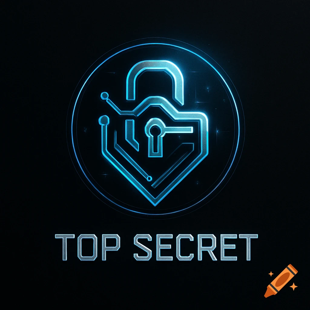 Futuristic blue glowing 'TOP SECRET' logo featuring a padlock and circuit lines on a dark background.