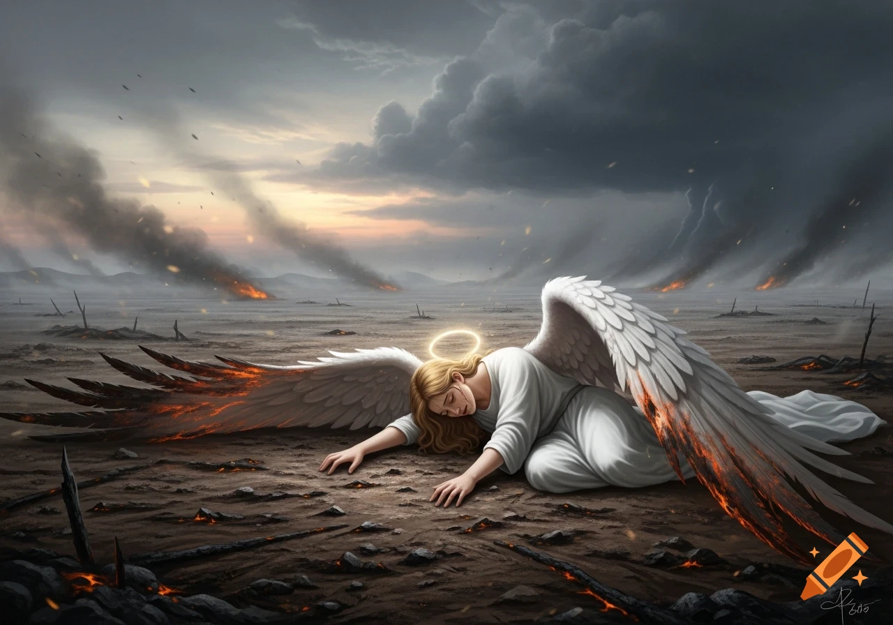 A sorrowful fallen angel with burning wings lies on scorched earth amidst a smoky, desolate battlefield, digital painting.