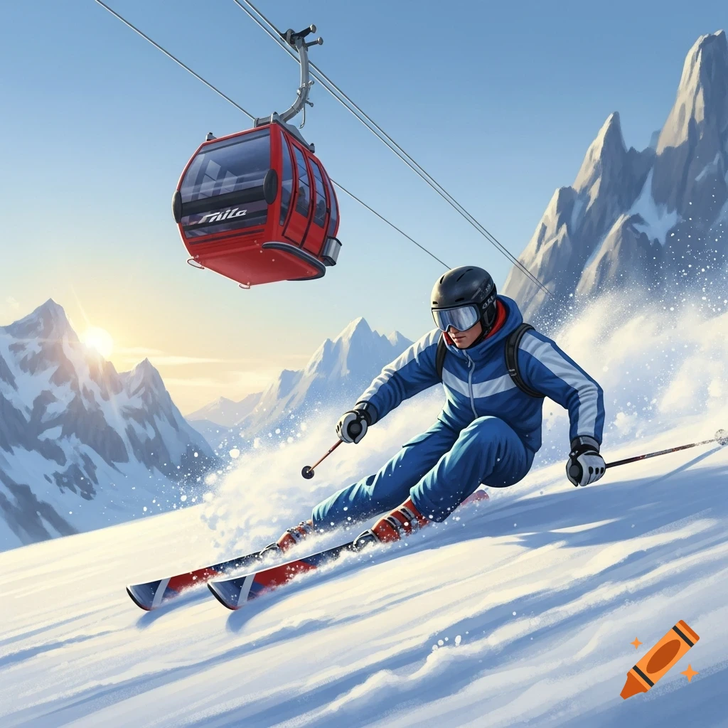 A skier in a blue suit descends a snowy mountain with a red gondola above and sunlit peaks in the background, in an illustrative style.