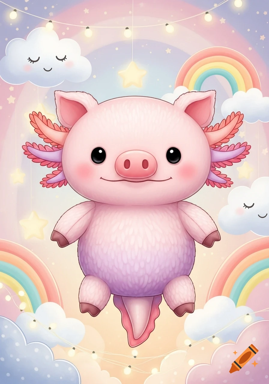 A cute, pink pig-axolotl plush floats in a pastel sky with rainbows, sleeping clouds, and string lights.