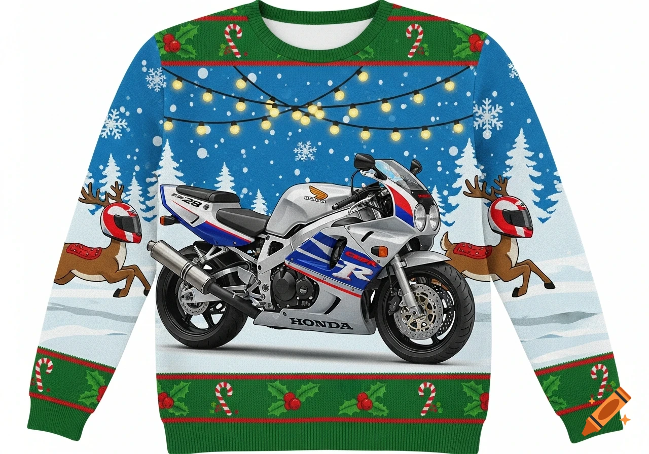Christmas sweater featuring a Honda CBR motorcycle, helmeted reindeer, string lights, snowflakes, and candy canes.