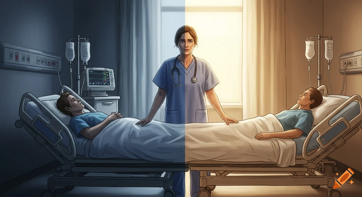 An illustrative hospital scene split into two halves: a nurse stands between two patients. The left side is dark and cool-toned, the right side is bright and warm-toned.