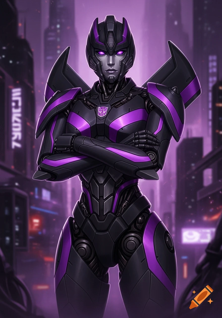 A female Transformer in black and purple armor with glowing purple eyes stands in a futuristic city, arms crossed.