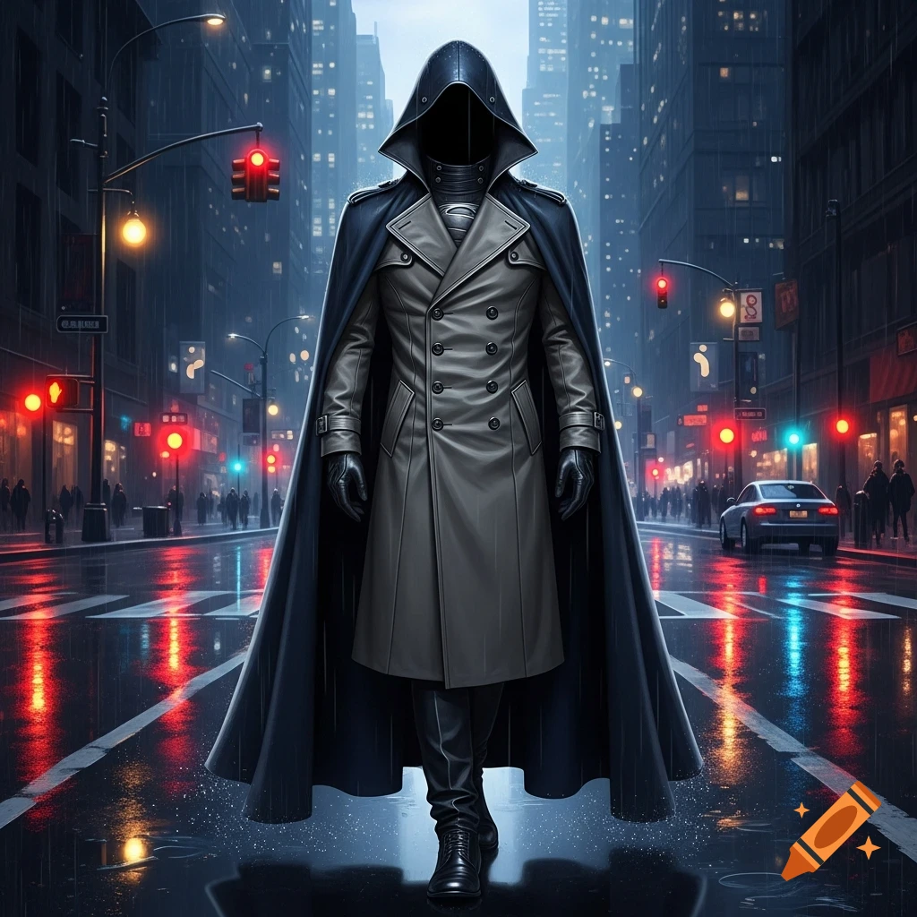 A mysterious figure in a dark hooded cape and trench coat stands on a wet, reflective city street at night.