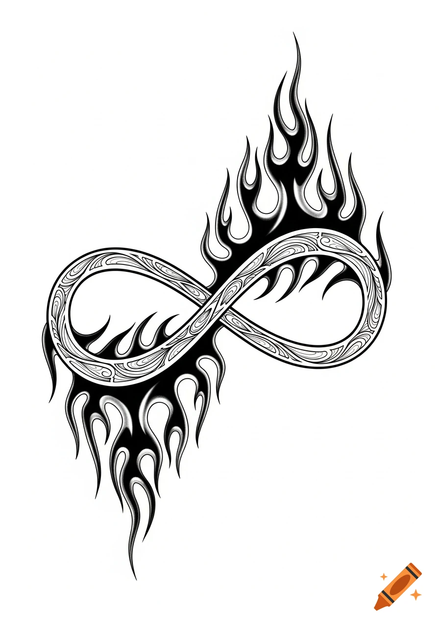Detailed black and white tattoo design of an infinity symbol surrounded by flames on a white background.