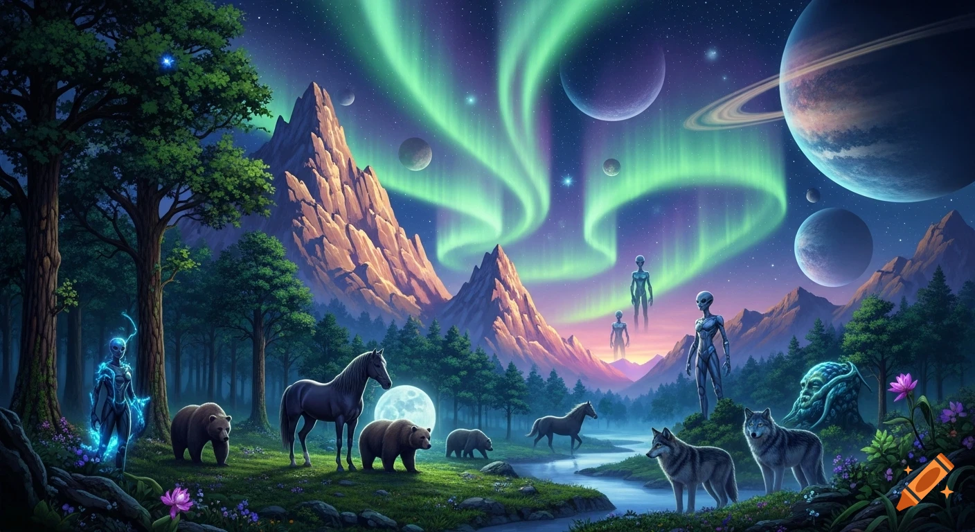 Vibrant fantasy landscape with aliens, horses, bears, and wolves in a ...
