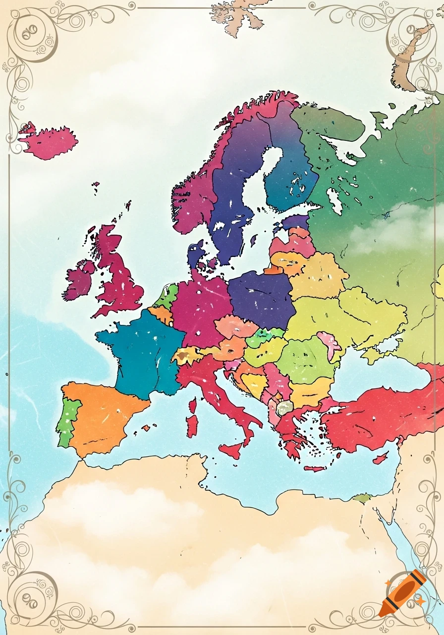A stylized, colorful map of Europe, with each country depicted in a distinct contrasting color, framed by an ornate border.