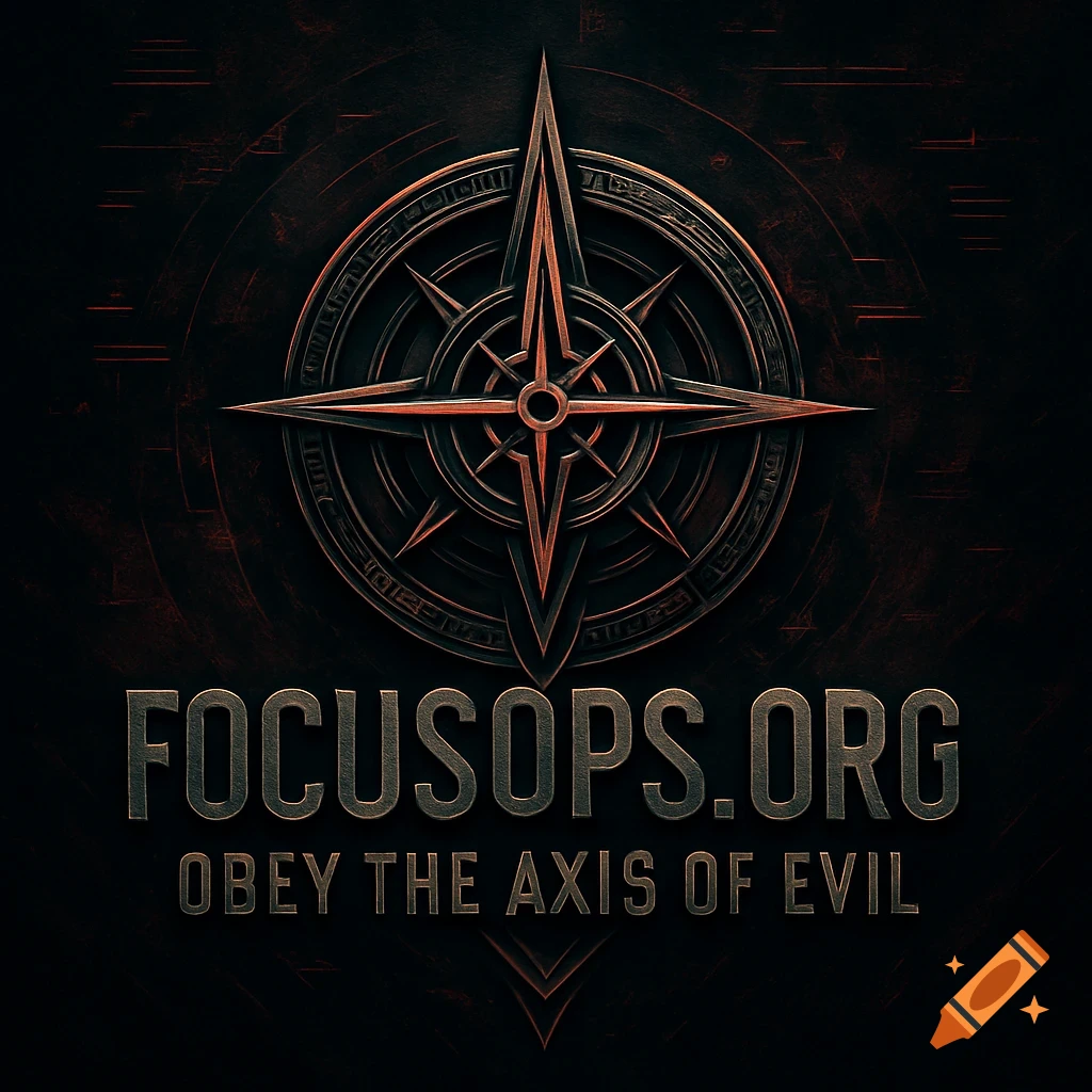 A stylized metallic emblem with a compass-like symbol over a dark, textured background. Text reads "FOCUSOPS.ORG" and "OBEY THE AXIS OF EVIL".