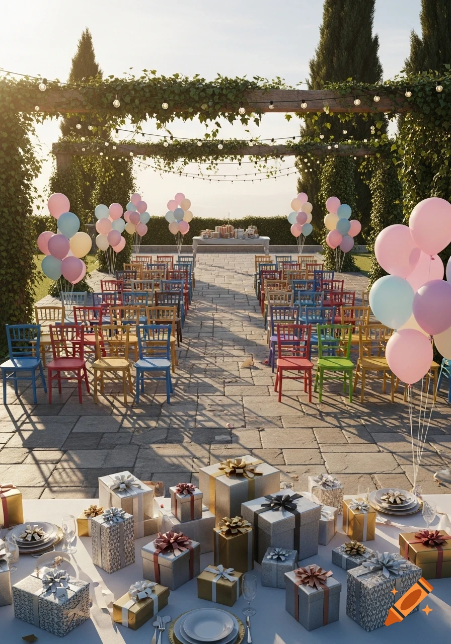 Outdoor party setup with colorful chairs, balloons, and a table full of wrapped gifts under a vine-covered pergola.