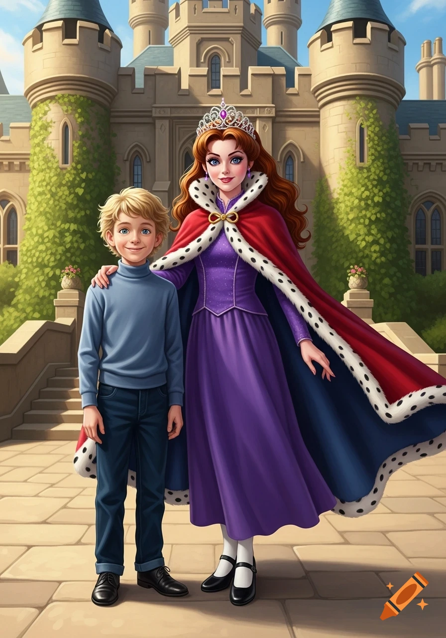 A smiling blonde boy and a queen in a purple dress and red fur-trimmed cloak stand outside a castle in a cartoon style.
