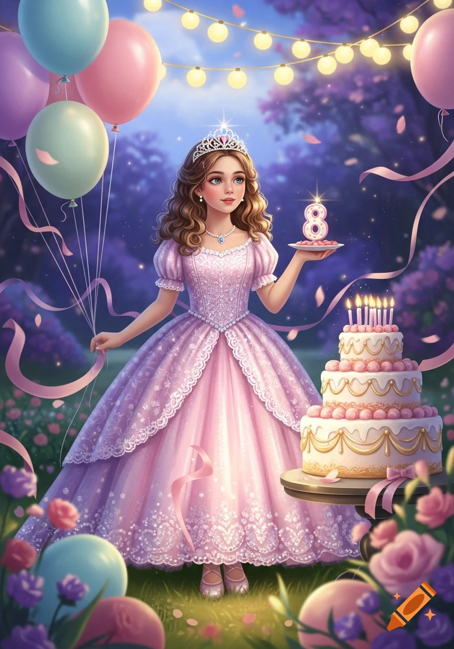 A princess in a pink dress and tiara holds a plate with a glowing number 8, standing beside a multi-tiered birthday cake in a magical garden.