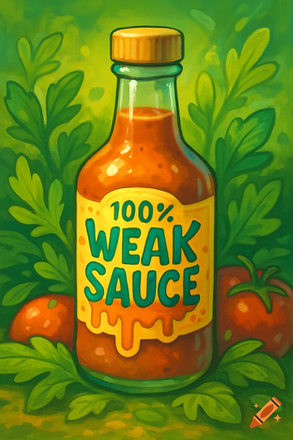 A stylized illustration of a glass bottle of orange sauce labeled "100% WEAK SAUCE", surrounded by green leaves and red tomatoes.