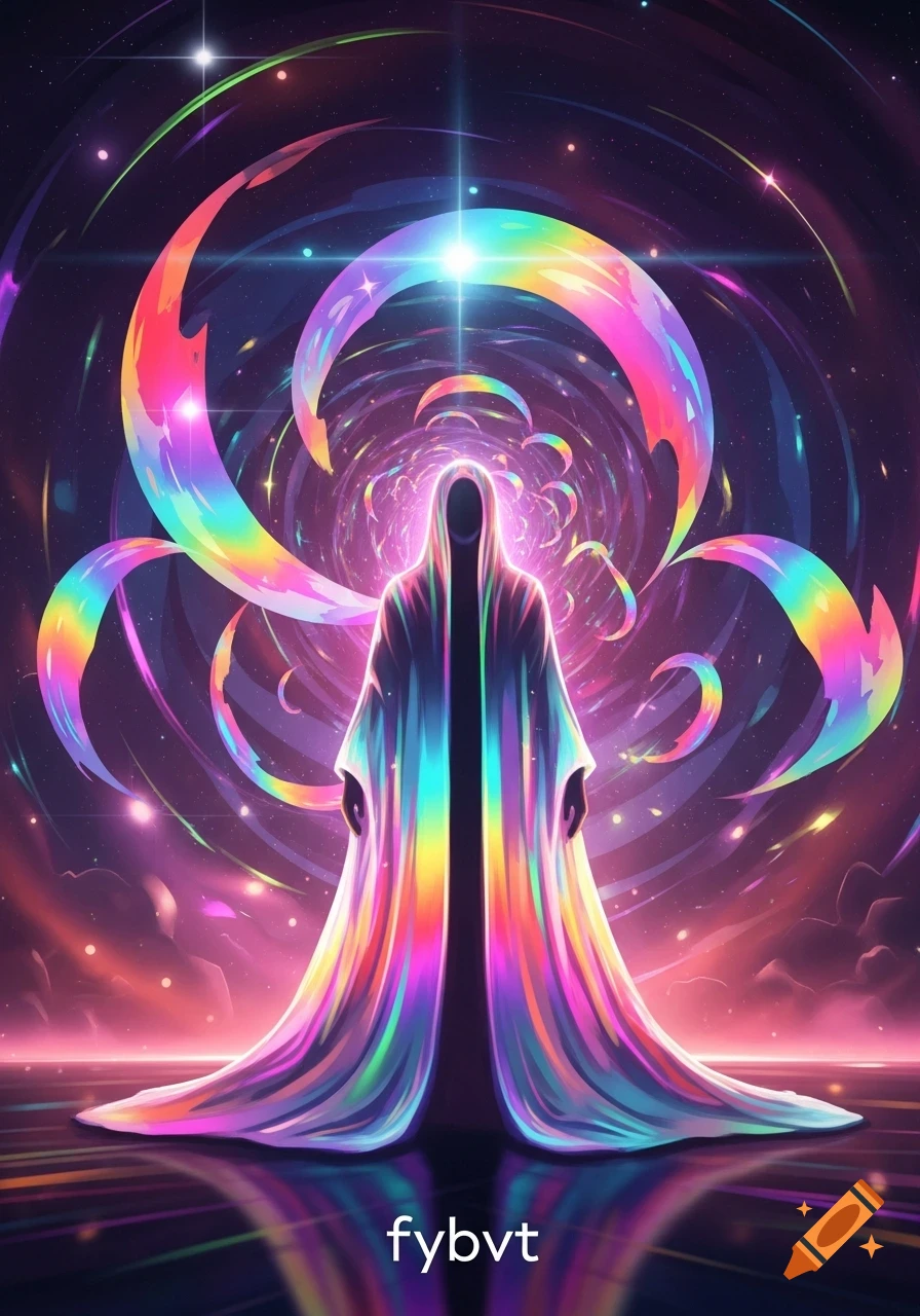 A glowing, cloaked figure adorned in rainbow colors stands within a vibrant, swirling cosmic tunnel, surrounded by stars and light.