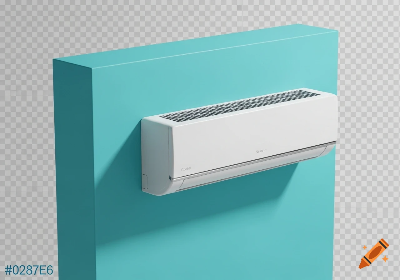 A white modern air conditioner mounted on a bright turquoise rectangular wall, with a transparent background in a 3D render style.