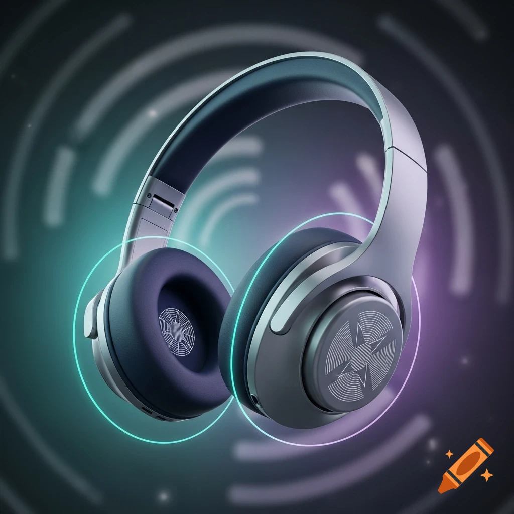 Close-up of stylish silver and blue over-ear headphones with glowing neon outlines against a dark, abstract background.