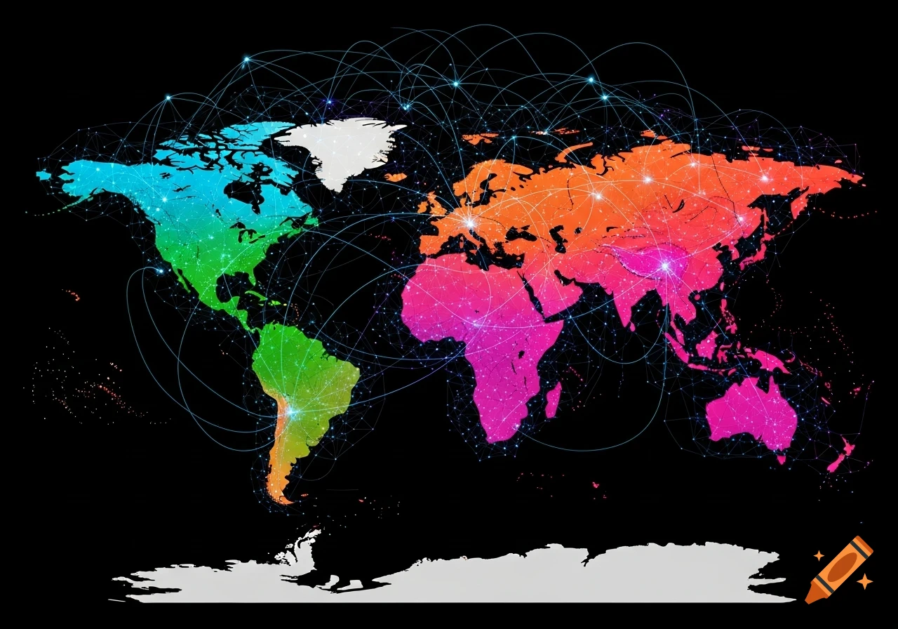 Colorful world map with glowing network connections between continents on a black background.