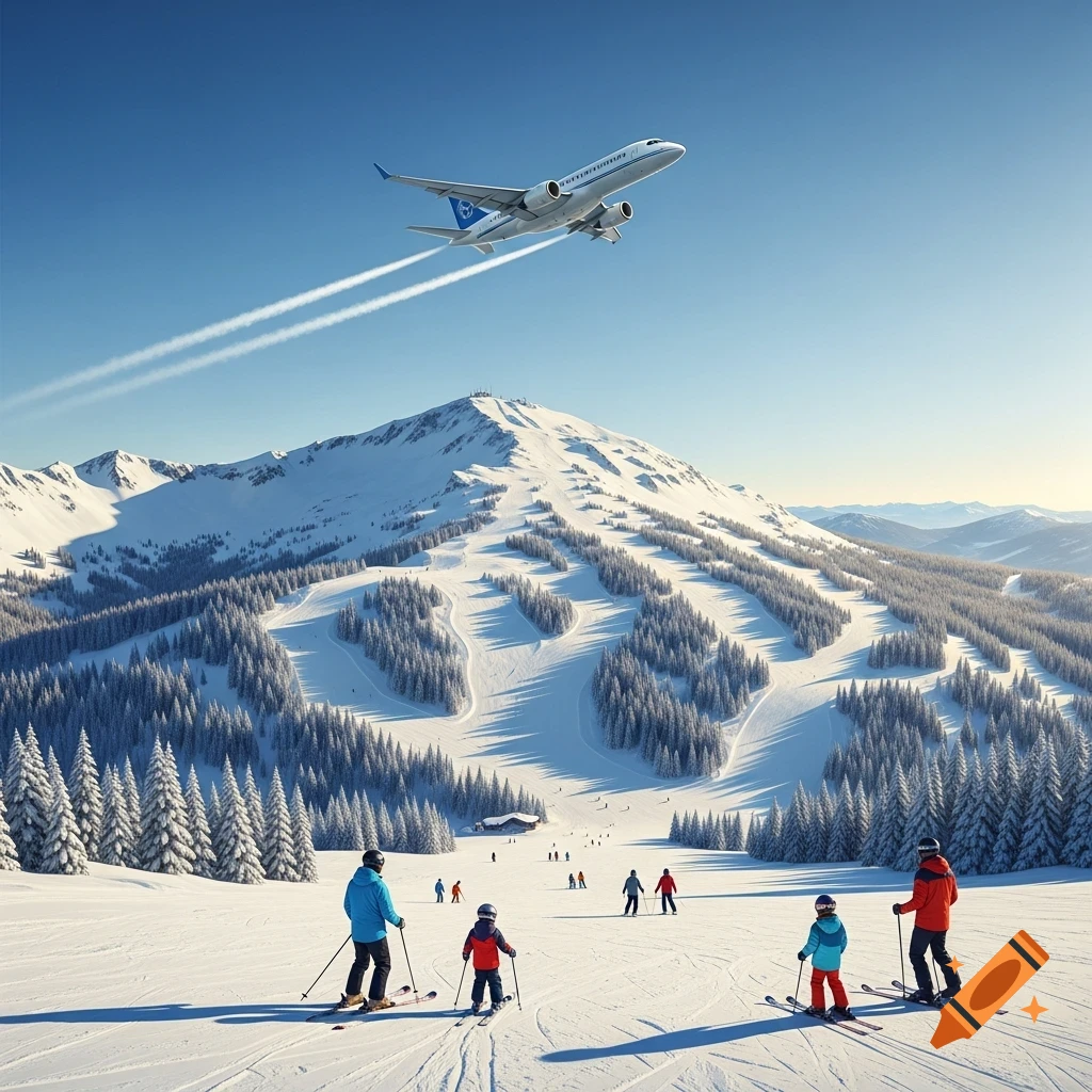 A photorealistic image of people skiing down a snowy mountain with a passenger plane flying high above under a clear blue sky.