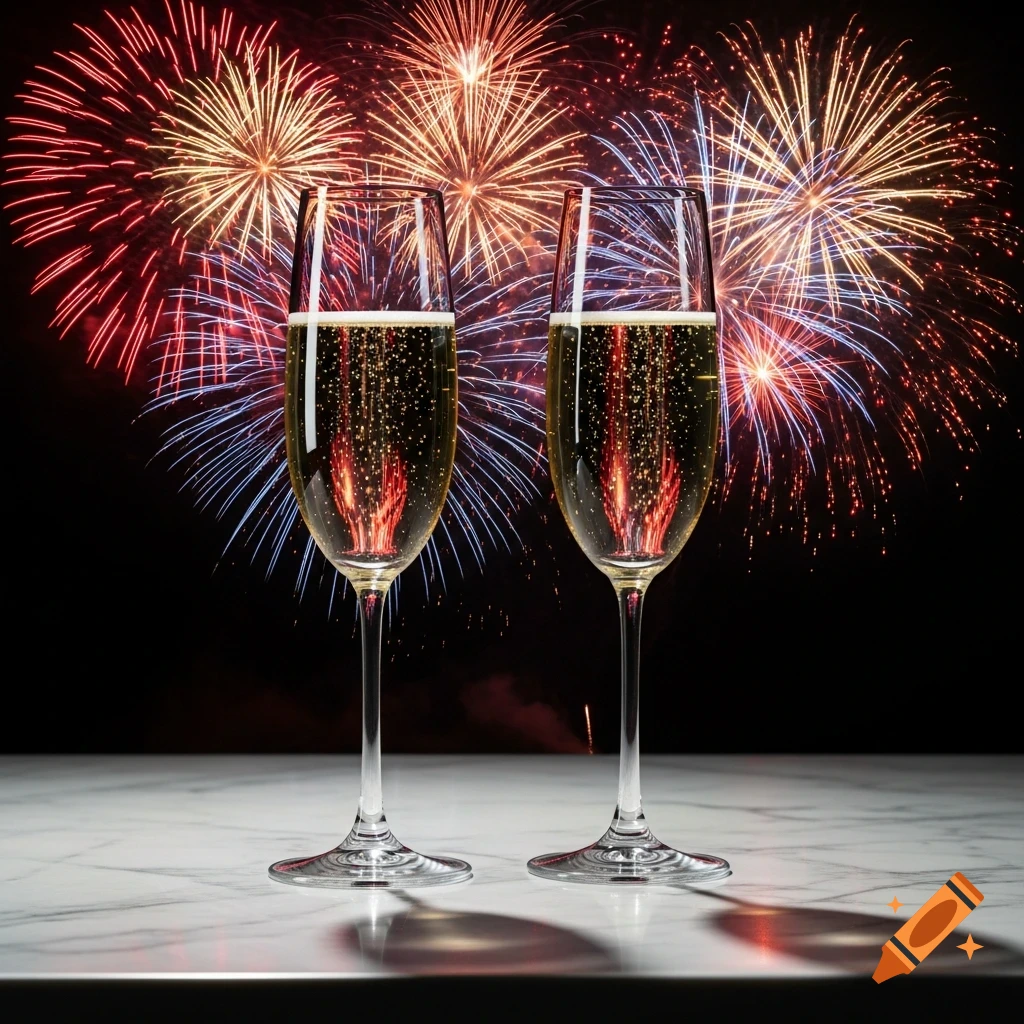 Two champagne glasses with sparkling liquid on a marble surface, against a backdrop of colorful fireworks in a dark sky.