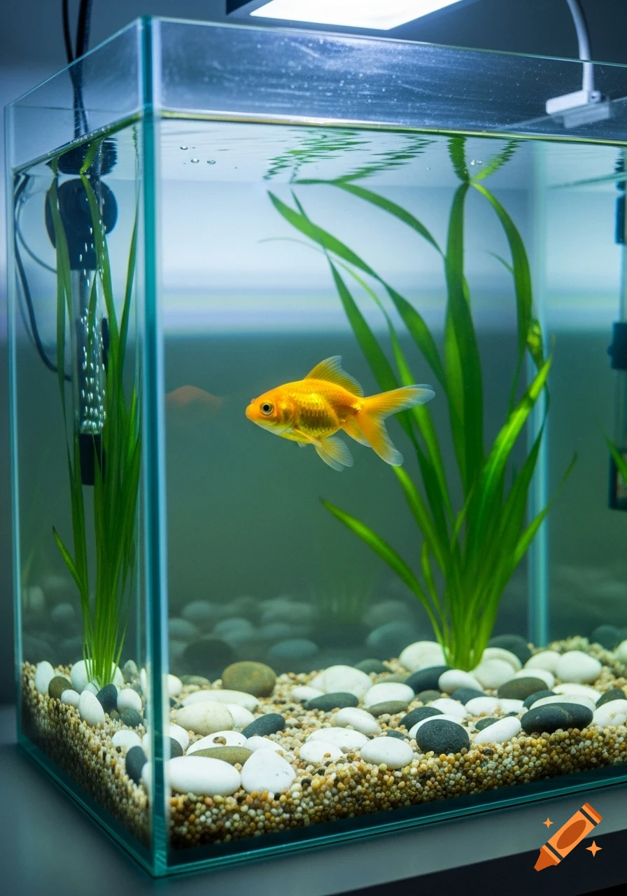 A clean, bright aquarium with a single, vibrant orange goldfish swimming amidst green plants and decorative pebbles. Photorealistic.