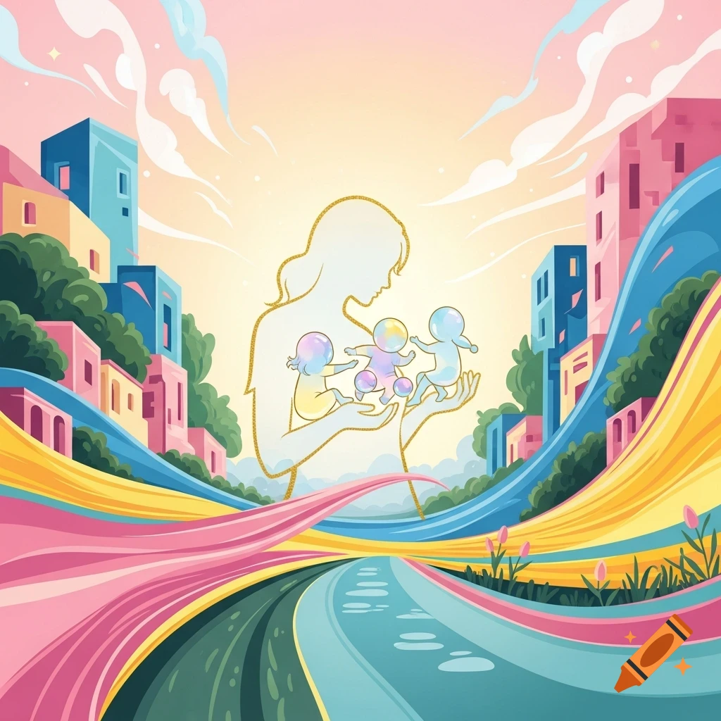 Stylized illustration of a mother holding three babies, surrounded by a vibrant, abstract city landscape with colorful flowing ribbons.