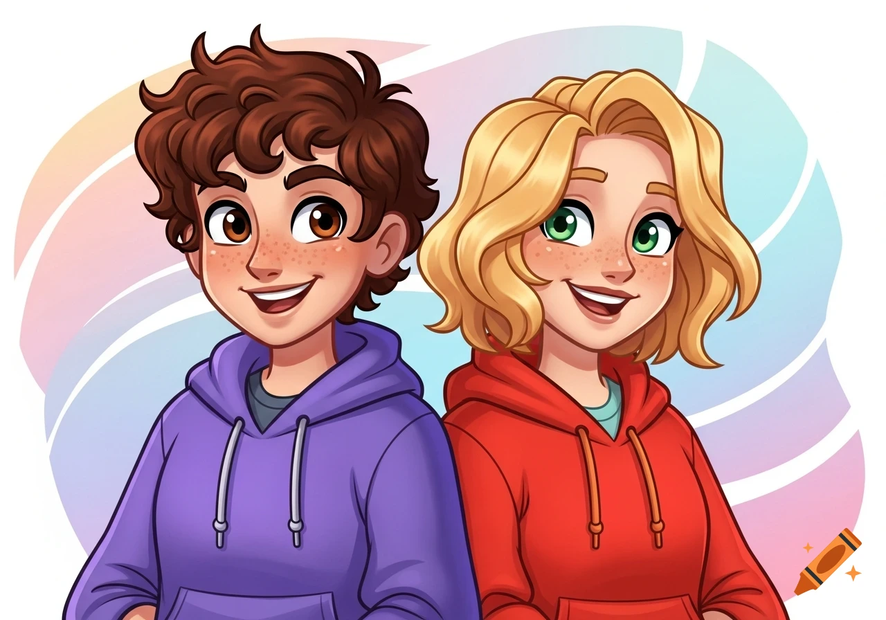 Cartoon illustration of two smiling friends, a boy with brown curly hair in a purple hoodie and a girl with blonde wavy hair in a red hoodie.